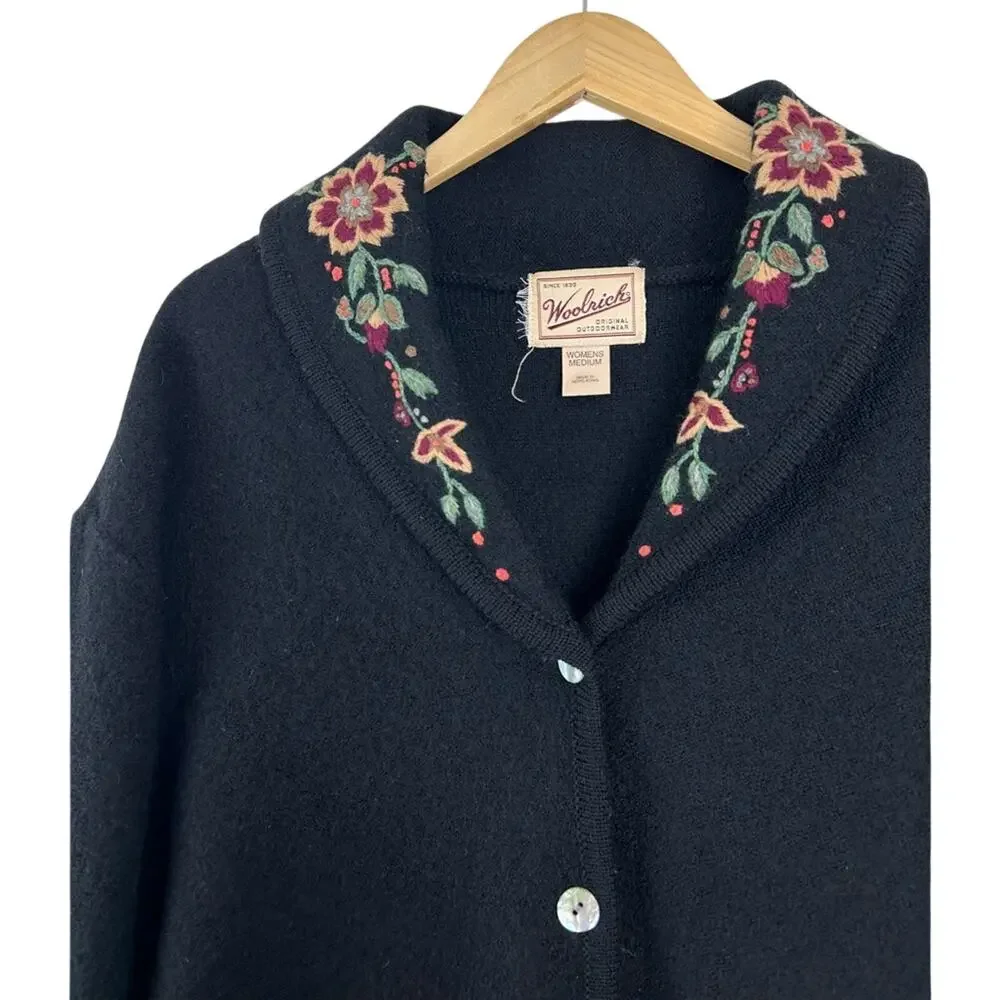 Vintage Woolrich Wool Coat Cardigan Sweater Embroidered Collar‎ Women's Medium